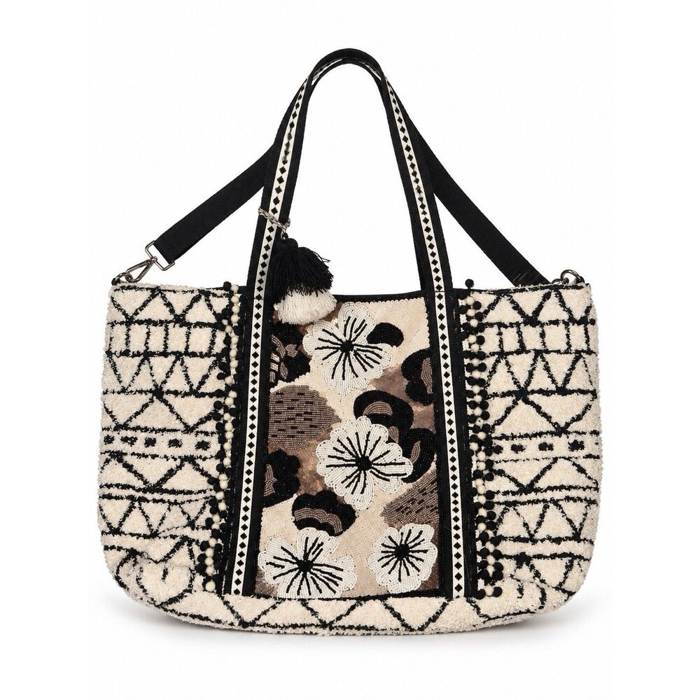 America & Beyond Large Beaded Floral Tote Bag Black Cream Sequins Boho Weekender